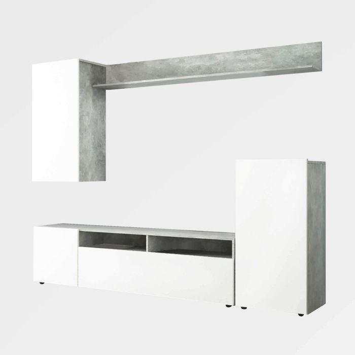 Parete attrezzata soggiorno di colore Bianco lucido e Grigio effetto cemento mod. Bridge main product photo
