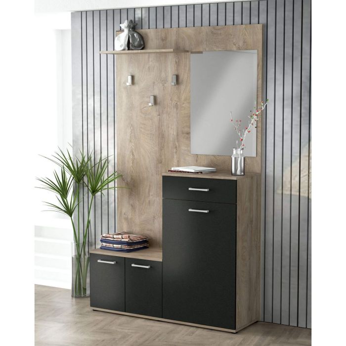 Mobile ingresso con cappelliera specchiera appendiabiti e 2 ante contenitive di colore Rovere chiaro e Antracite mod. Smeraldo main product photo