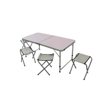 Set tavolo pieghevole e 4 sgabelli in alluminio e tessuto grigio